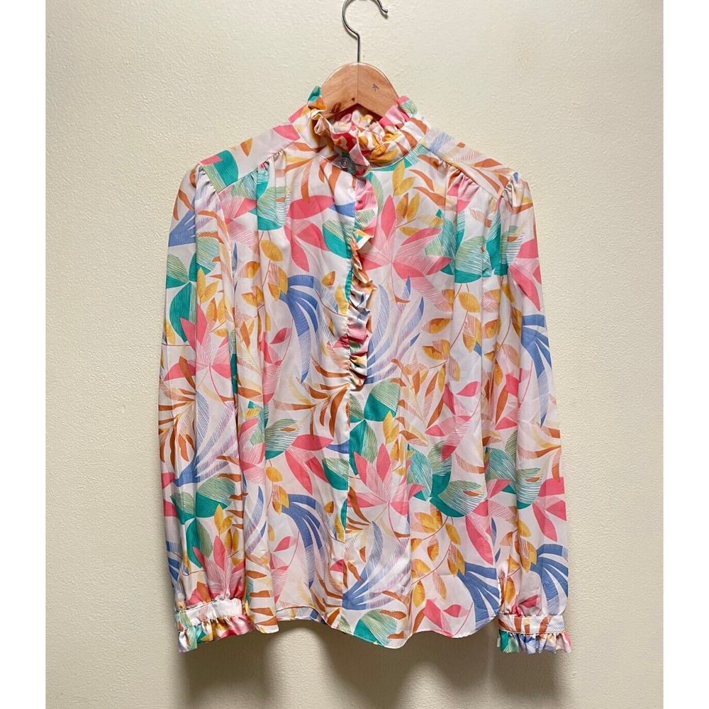 Vintage Pykettes Women Top Large Floral Ruffle Button Up High Neck Secretary 80s